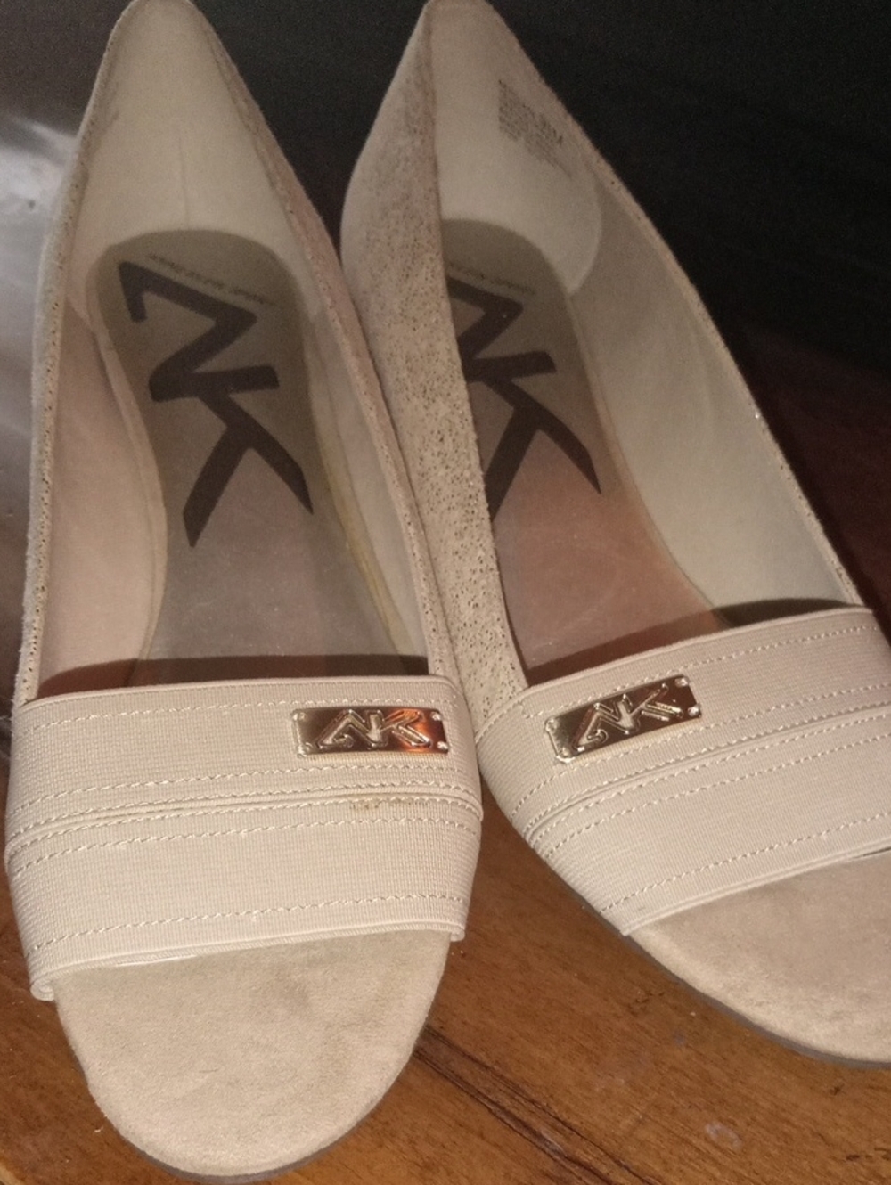 Anne Klein Beige Pointed Toe Flats with Gold Logo